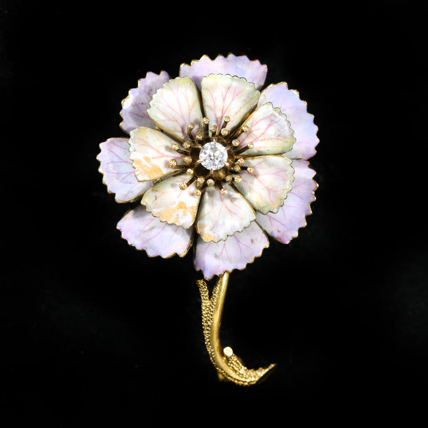 Victorian Diamond and Enamel Flower Brooch