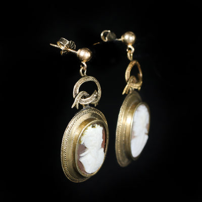 Victorian 14K/10K Yellow Gold Shell Cameo Dangle Earrings