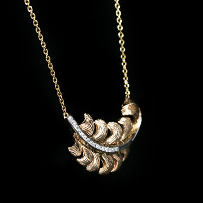 Mid-Century 14K Yellow Gold Diamond Feather Necklace