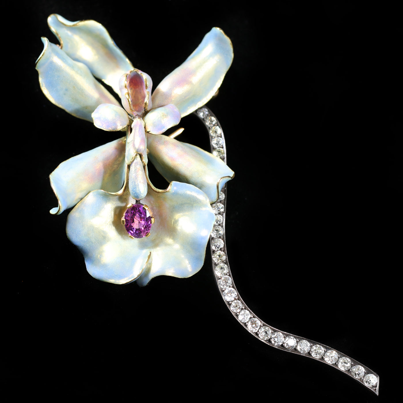 Victorian 1.33 Carat Pink Sapphire, Diamond, and Enamel Brooch