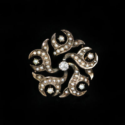 Victorian 14K Yellow Gold Diamond and Pearl Brooch