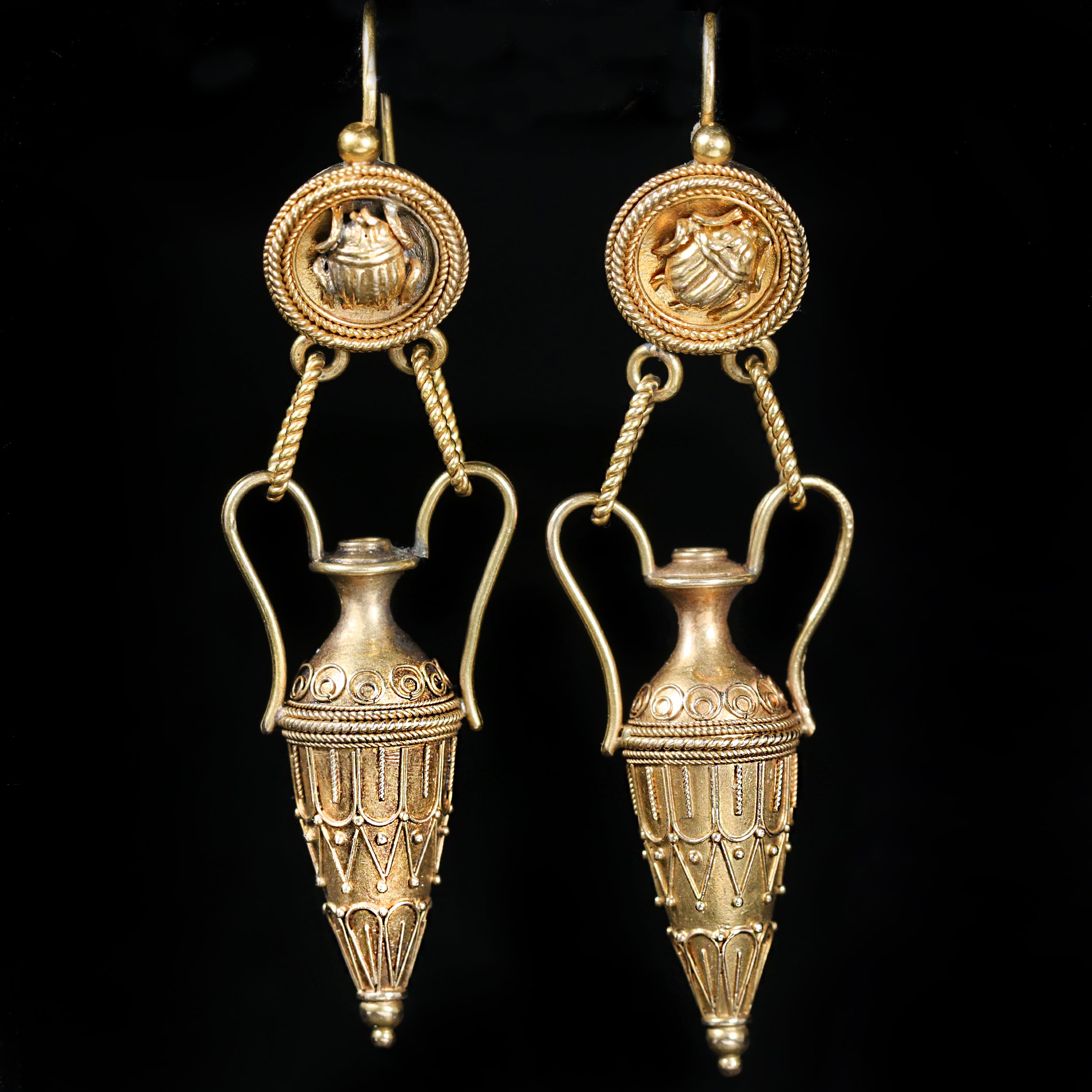 Victorian Etruscan Revival Scarab and Urn Dangle Earrings