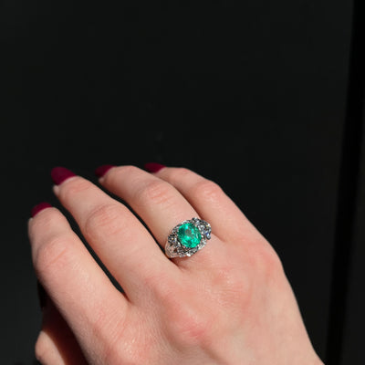 Art Deco Platinum 2.15 Carat Emerald and Diamond Ring