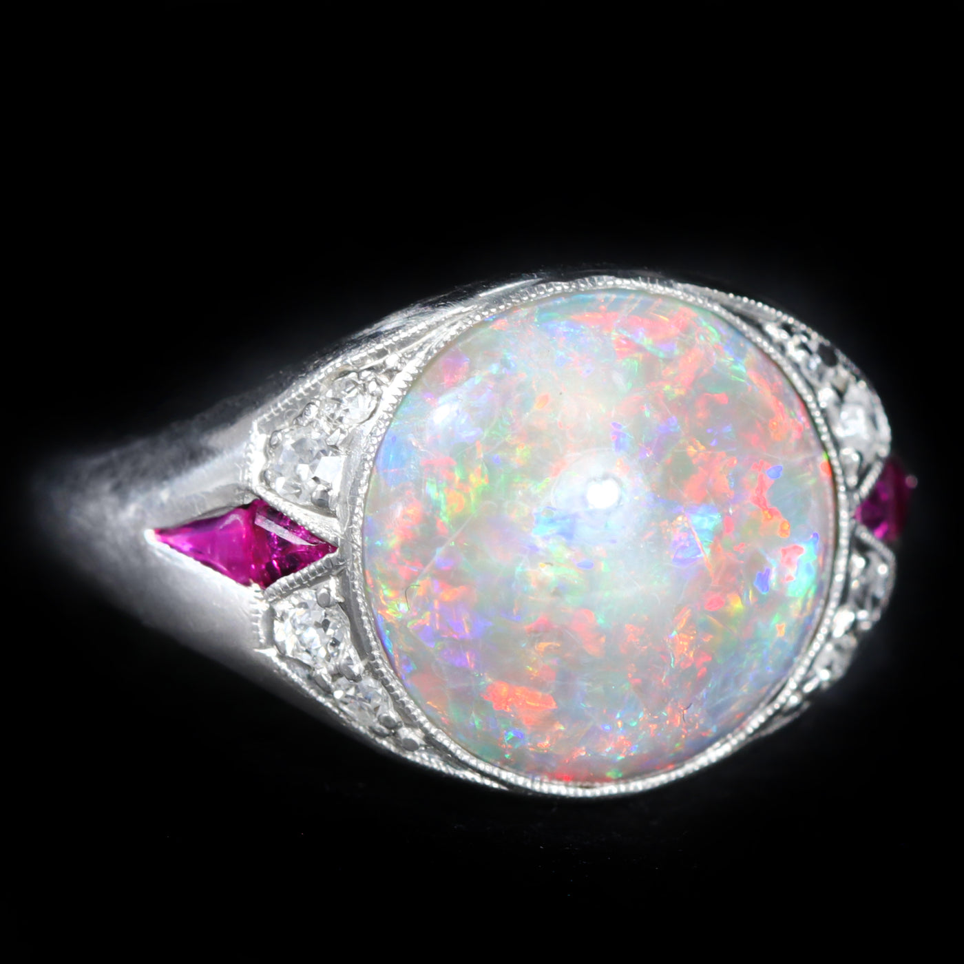 Art Deco 3.33 Carat Opal, Diamond, and Ruby Ring