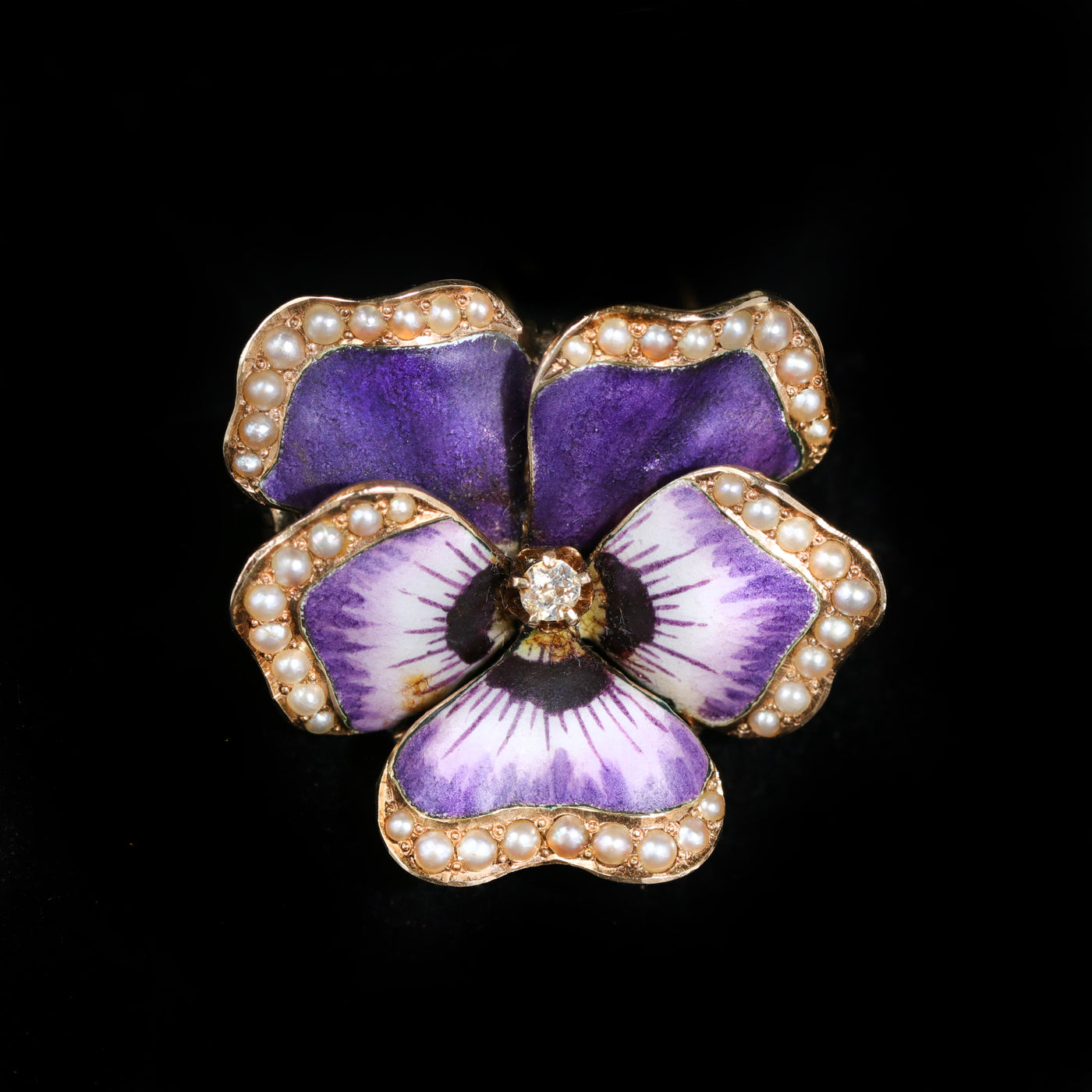 Victorian Enamel Pansy, Diamond, and Pearl Brooch Pendant
