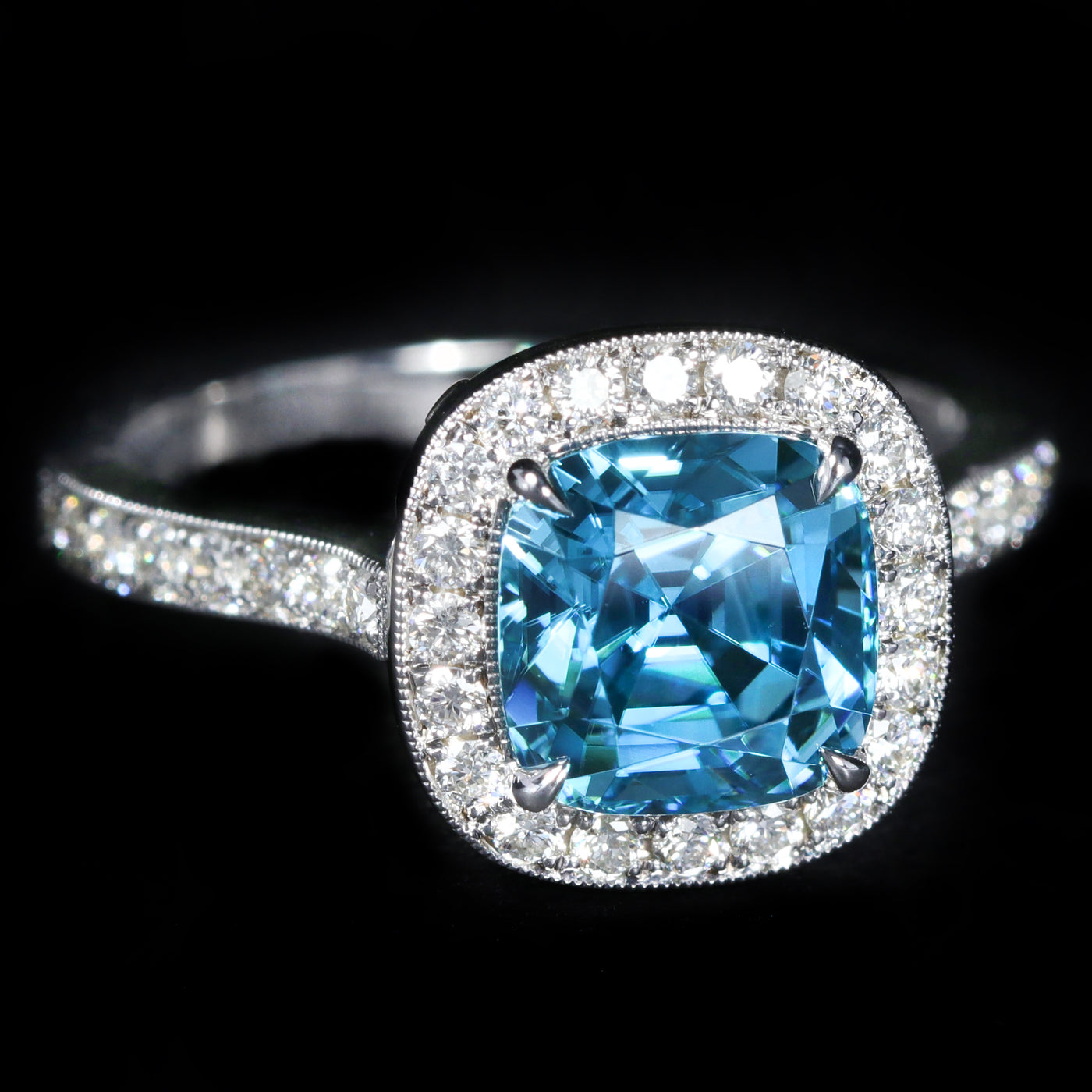 14K White Gold 3.45 Carat Blue Zircon and Diamond Ring