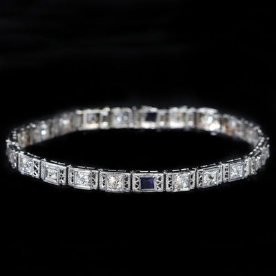 Art Deco 2.25 CTW Old Mine Cut Diamond and Synthetic Sapphire Bracelet