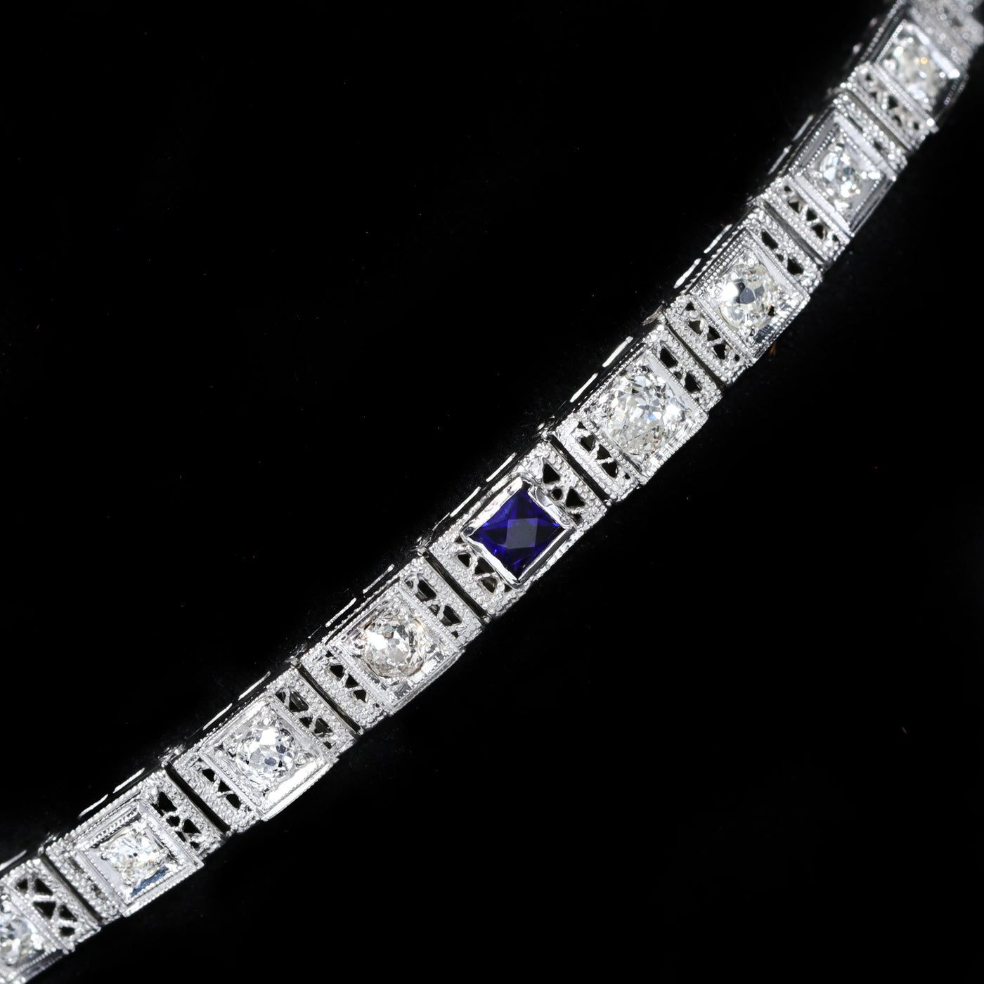 Art Deco 2.25 CTW Old Mine Cut Diamond and Synthetic Sapphire Bracelet