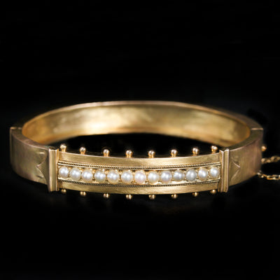 Victorian Etruscan Revival Pearl Bangle Bracelet