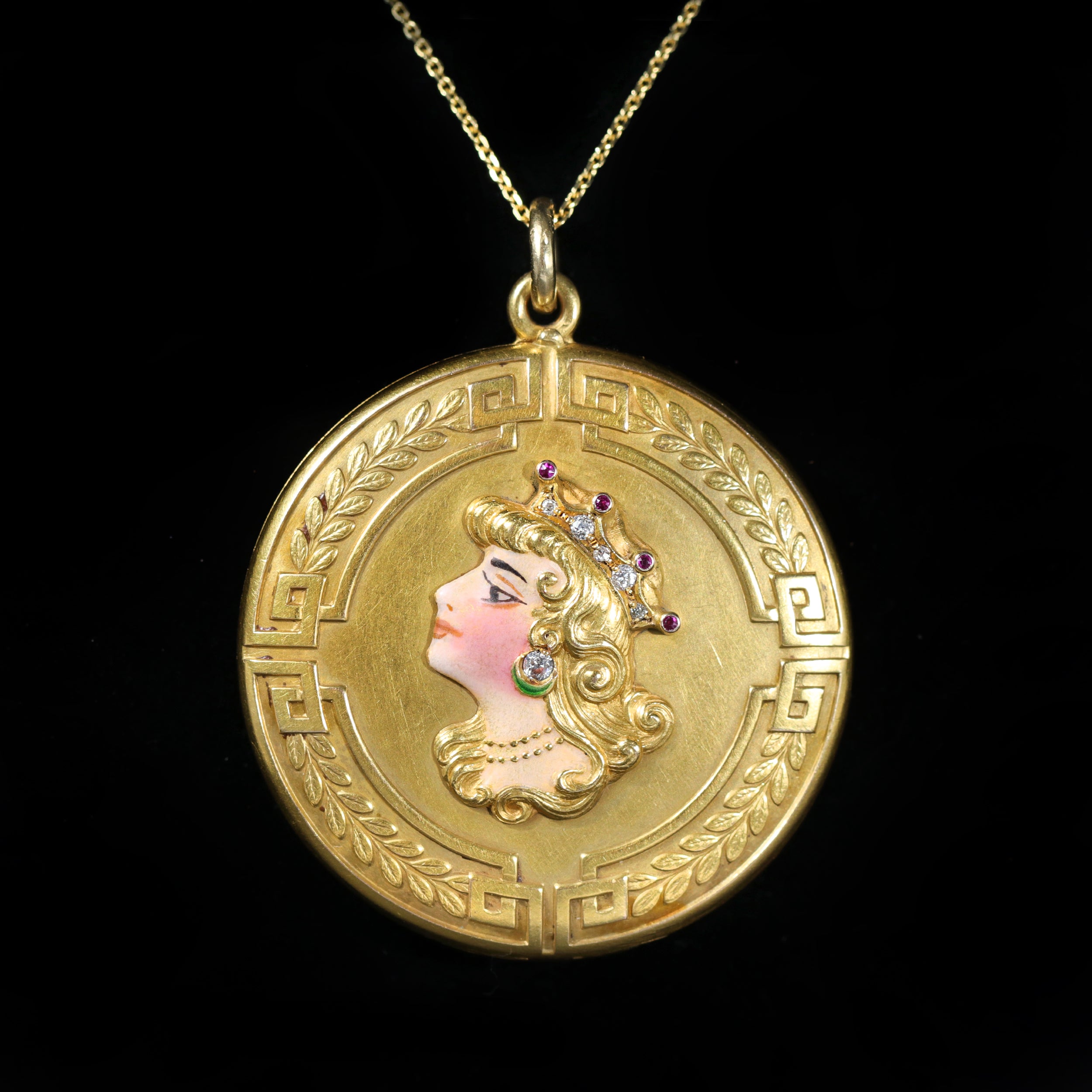 Art Nouveau Diamond and Ruby Enamel Lady Locket Pendant 