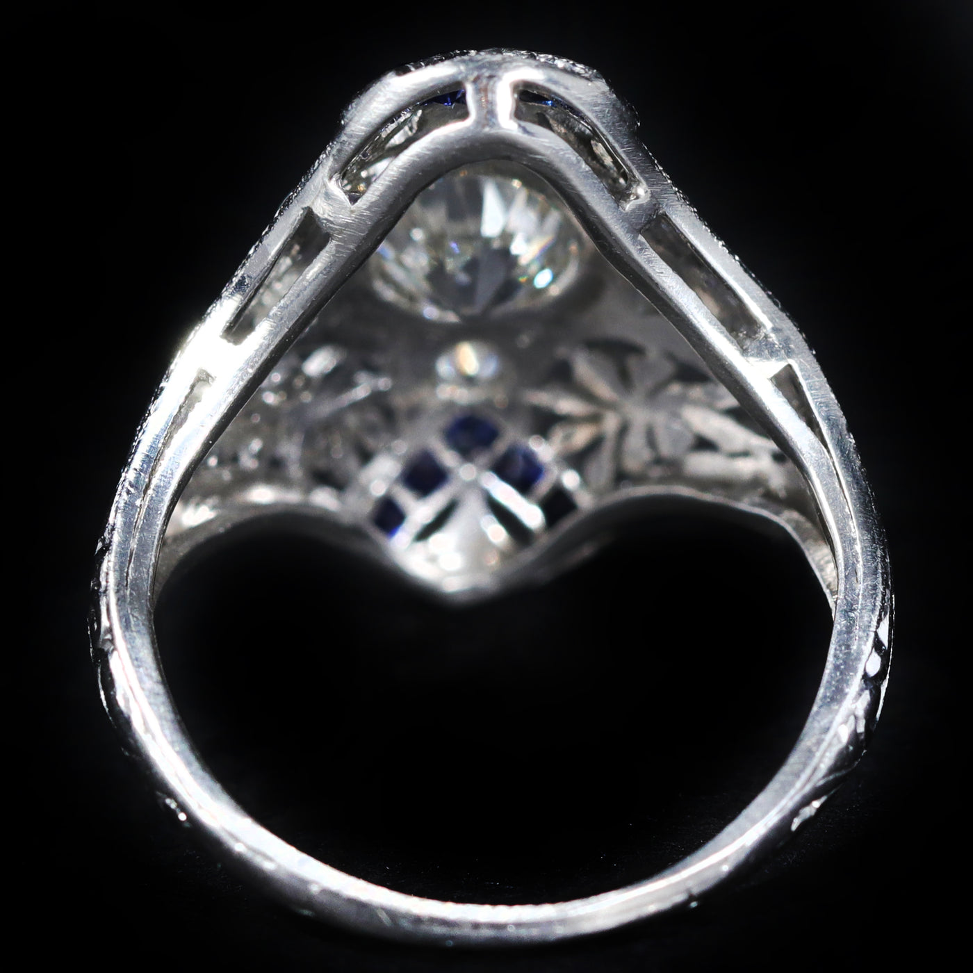 Art Deco GIA 0.73 Carat Old European Cut Diamond and Sapphire Ring