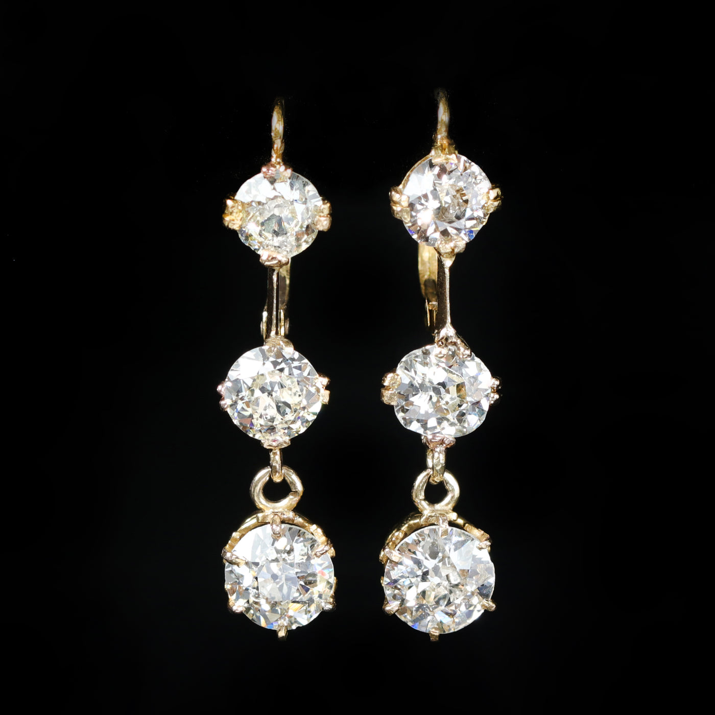 Victorian 14K Yellow Gold 4.04 CTW Old Mine Cut Diamond Dangle Earrings