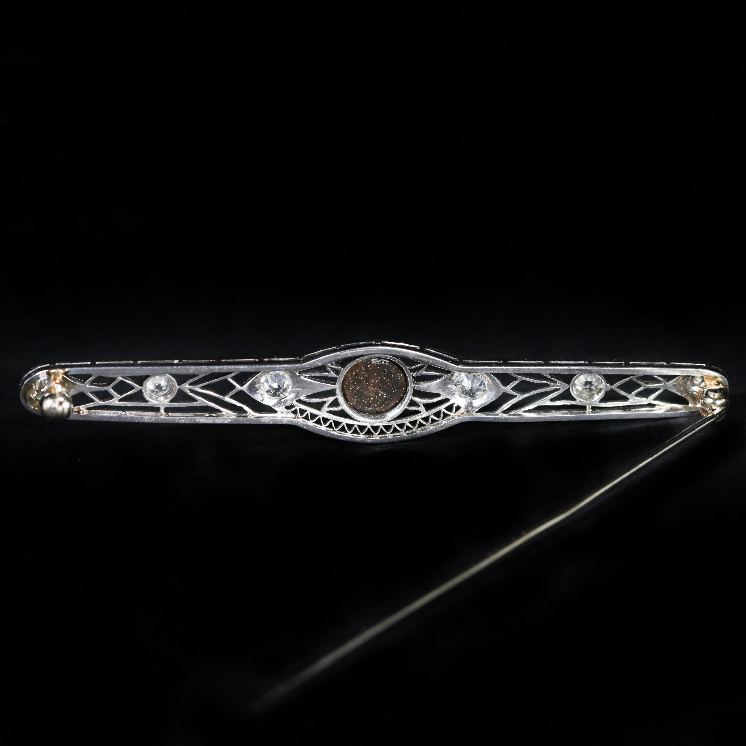 Art Deco Platinum Black Opal and Diamond Bar Pin