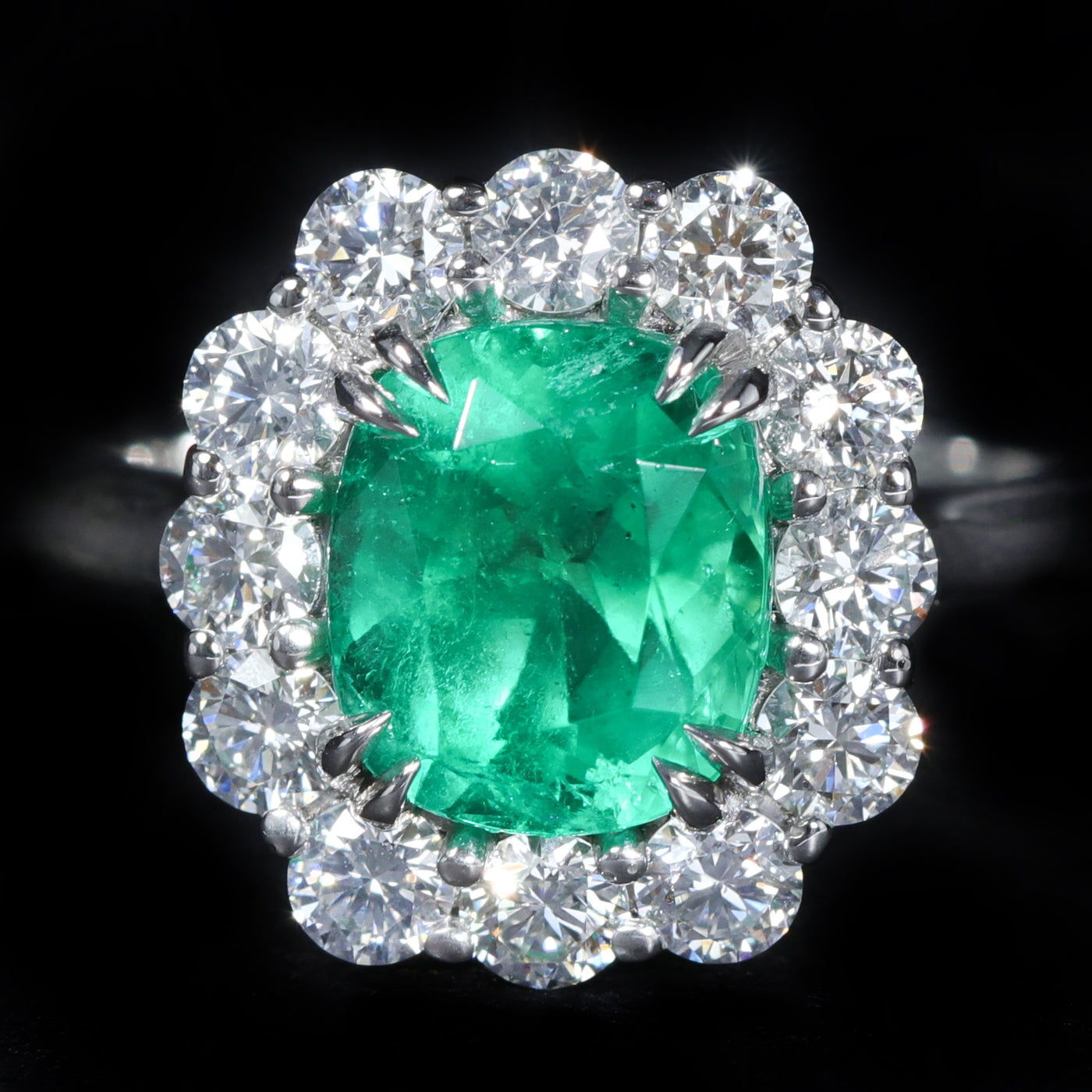Platinum 2.16 Cushion Cut Emerald and Diamond Ring