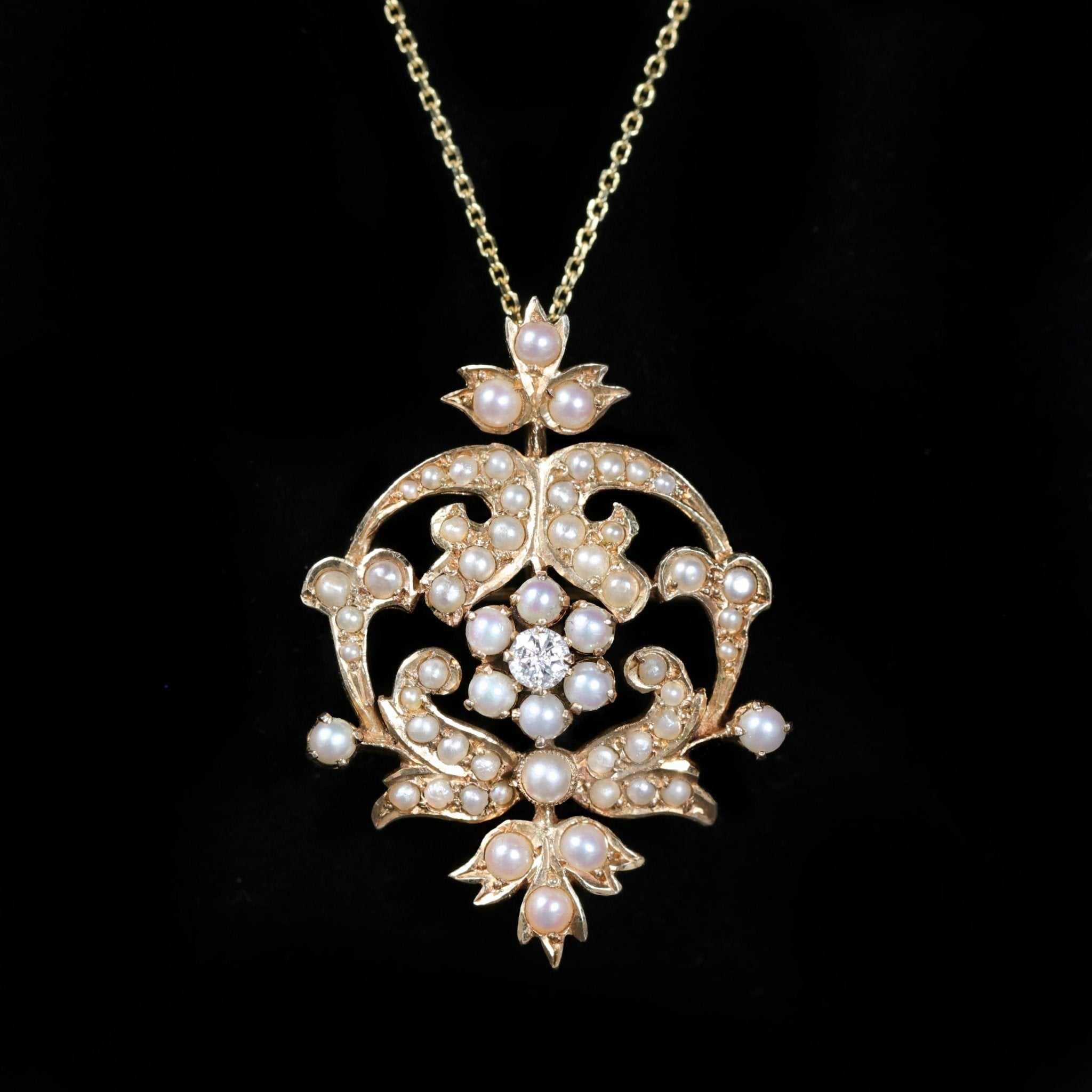 Victorian 14K Yellow Gold Diamond and Pearl Pendant/Brooch - Walton's Jewelry
