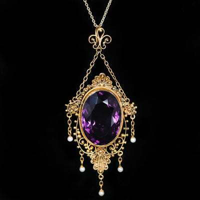 Victorian 14K Yellow Gold 16.00 Carat Amethyst and Pearl Pendant