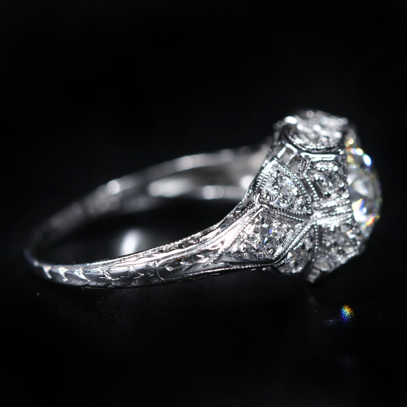 Art Deco Platinum 1.17 Carat Old European Cut Diamond Engagement Ring