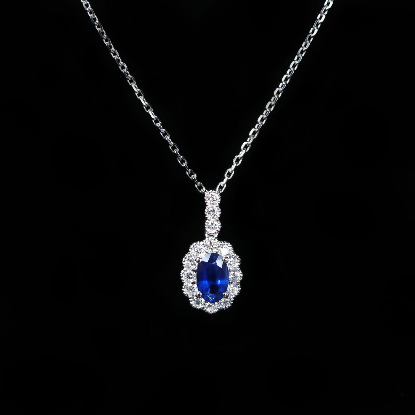 18K White Gold 0.50 Carat Sapphire and Diamond Halo Pendant