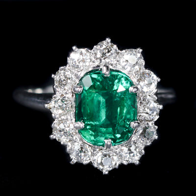 Platinum AGL 1.35 Carat Colombian Emerald and Old European Cut Diamond Ring