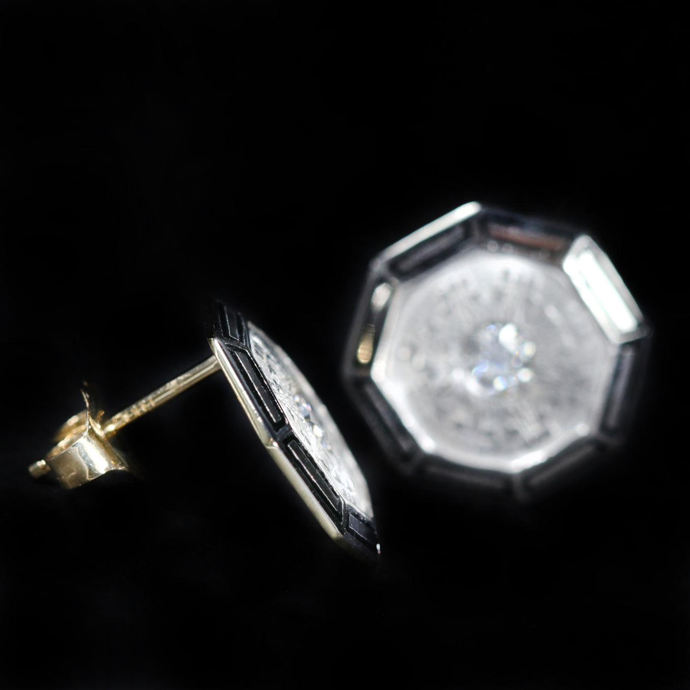 Art Deco 0.20 CTW Diamond and Black Enamel Stud Earrings