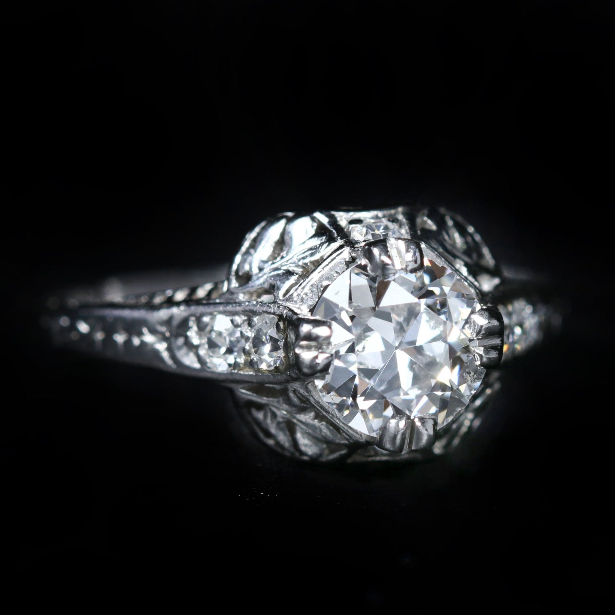 Art Deco Platinum 0.72 Carat Old European Cut Diamond Engagement Ring - Walton's Jewelry