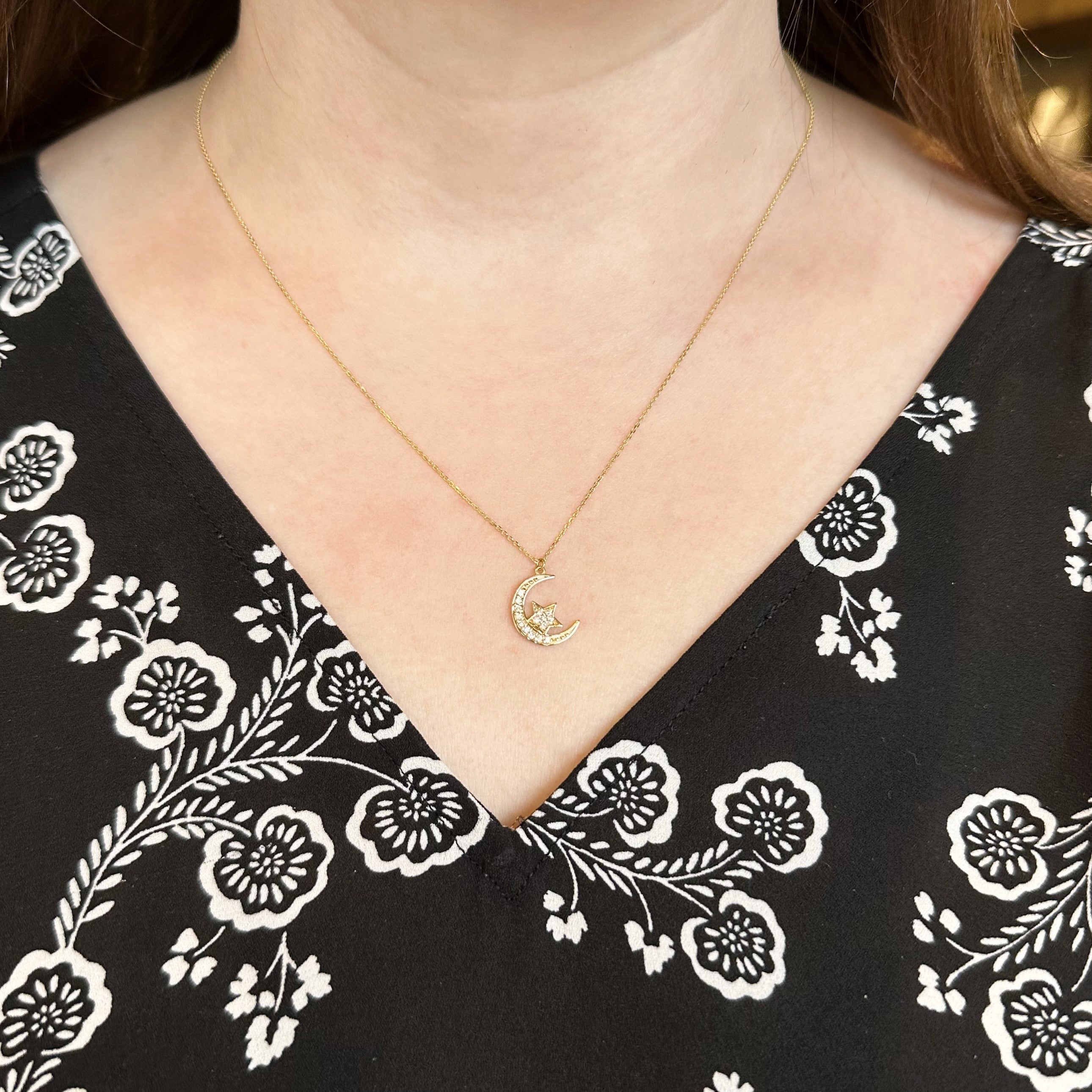 14K Yellow Gold Diamond Crescent Moon and Star Necklace – Walton's