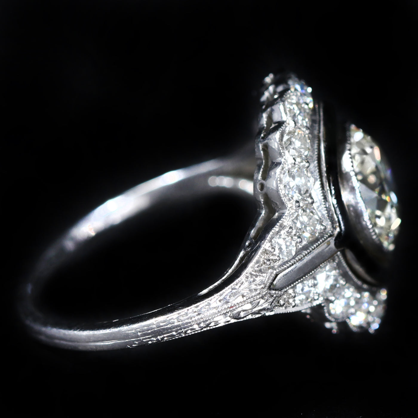 Art Deco GIA 2.15 Carat Old European Cut Diamond and Black Enamel Engagement Ring