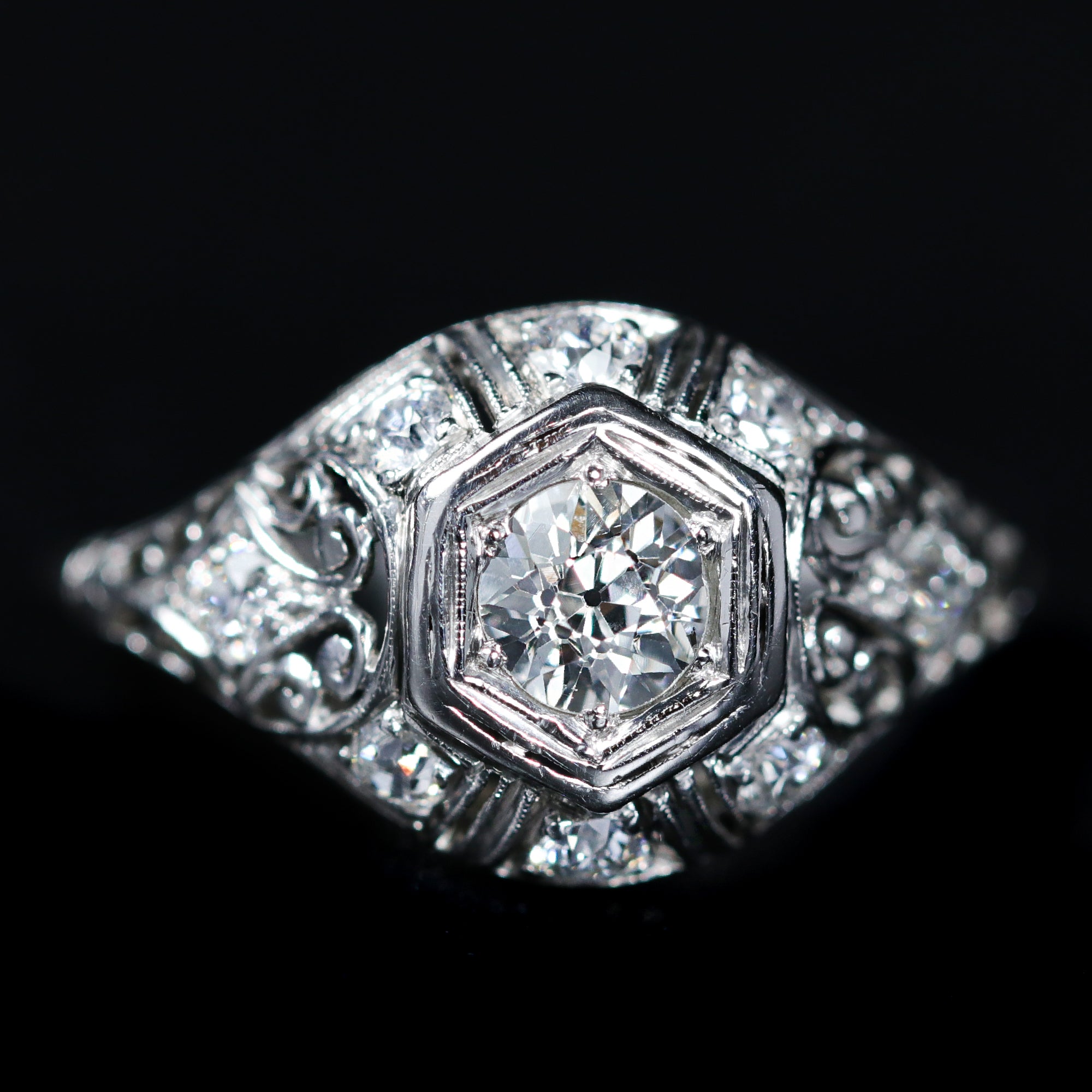 Art Deco Platinum 0.42 Carat Old European Cut Diamond Ring