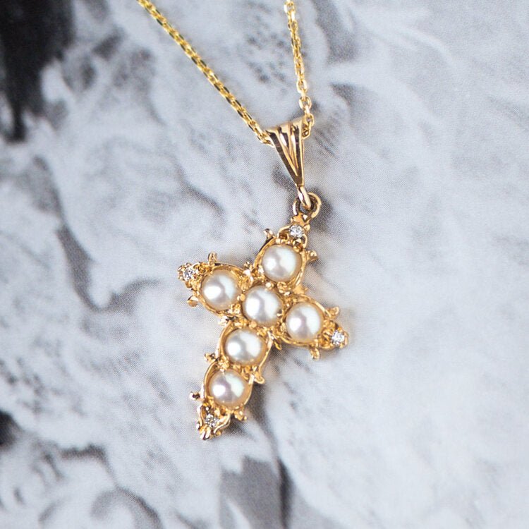 14K Yellow Gold Pearl and Diamond Cross Pendant