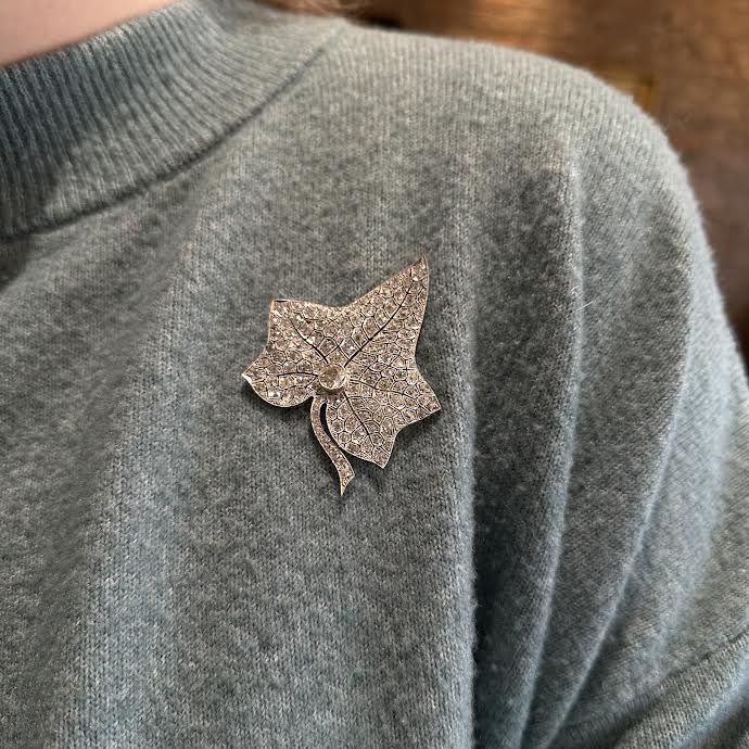 Art Deco 7.25 CTW Old Mine Cut Diamond Ivy Leaf Brooch - Walton's Jewelry