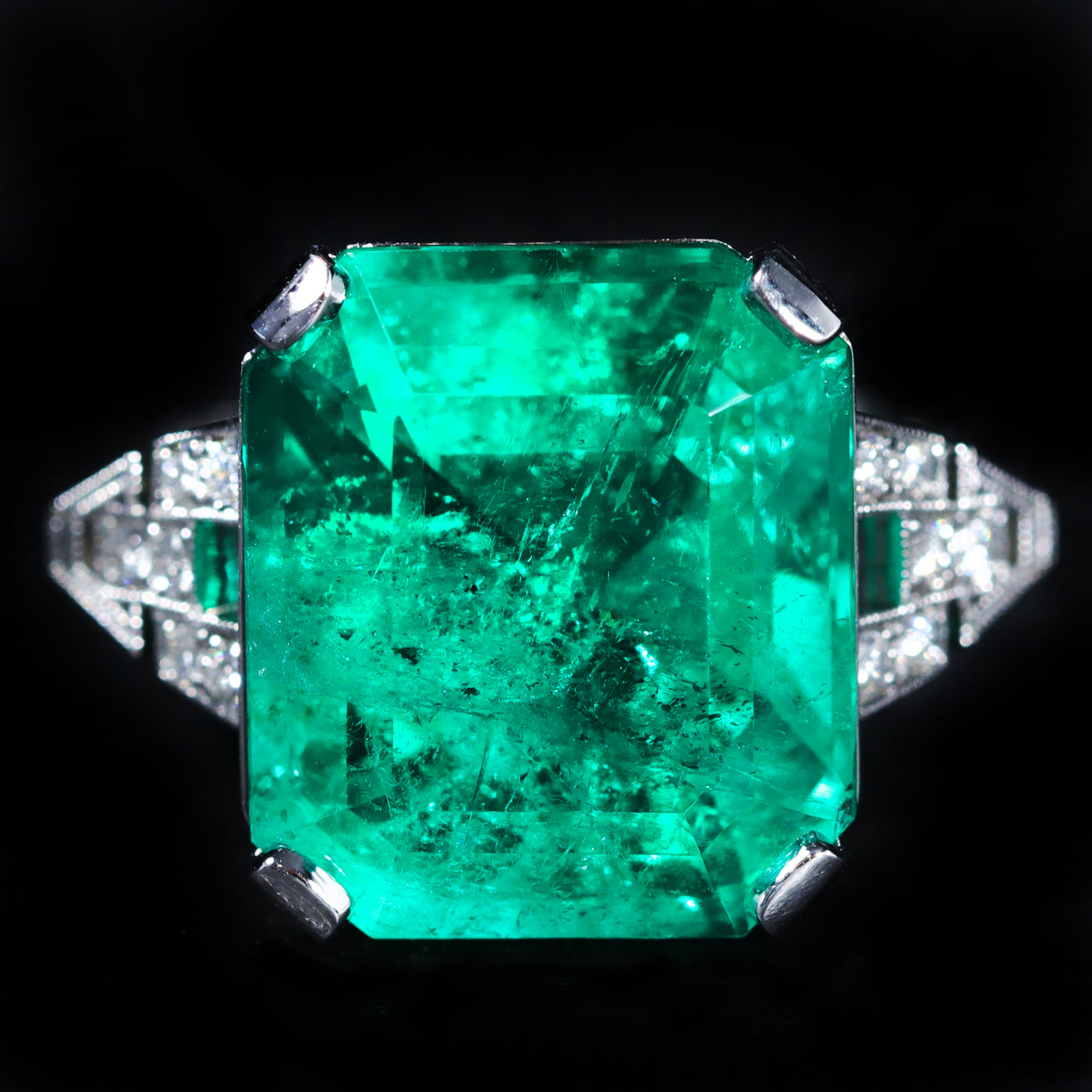 Platinum AGL 9.38 Carat Emerald and Diamond Ring