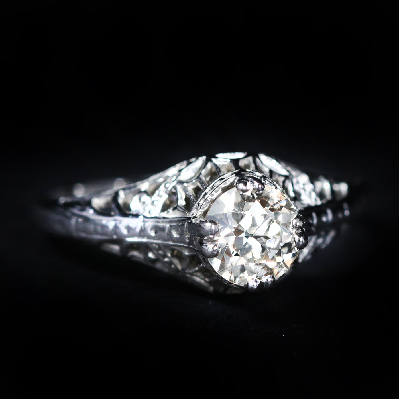 Art Deco 18K White Gold 0.62 Carat Old European Cut Diamond Engagement Ring