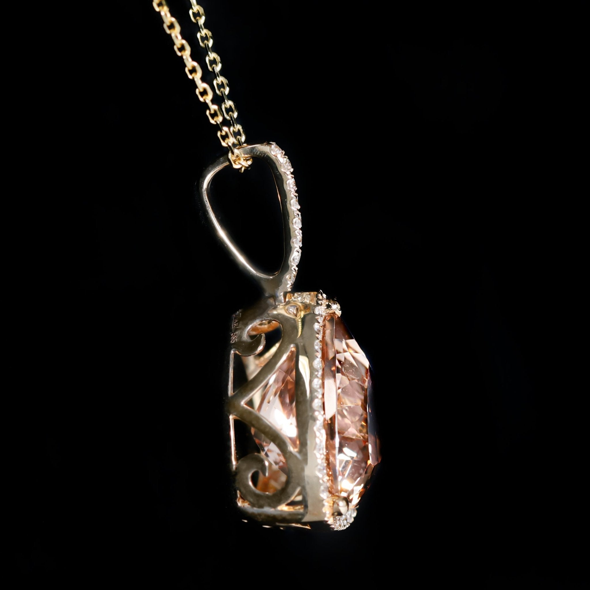 14K Yellow Gold 7.09 Carat Morganite and Diamond Pendant - Walton's Jewelry