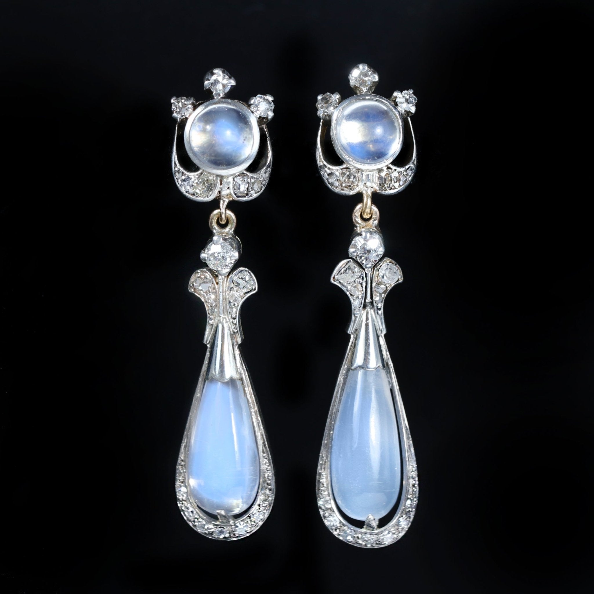 Victorian Moonstone and Diamond Dangle Earrings - Walton's Jewelry