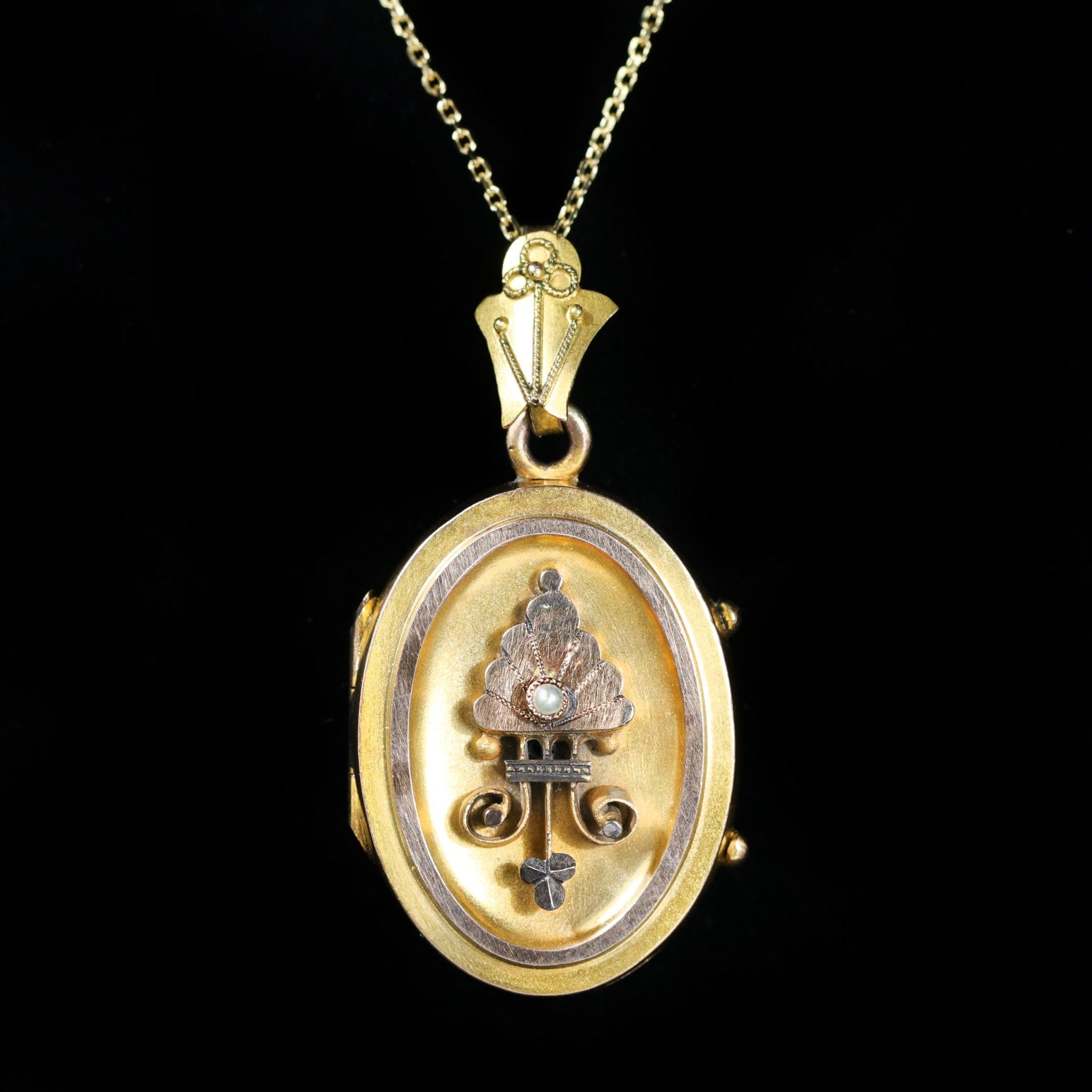 Victorian 9K Yellow Gold Seed Pearl Locket Pendant - Walton's Jewelry