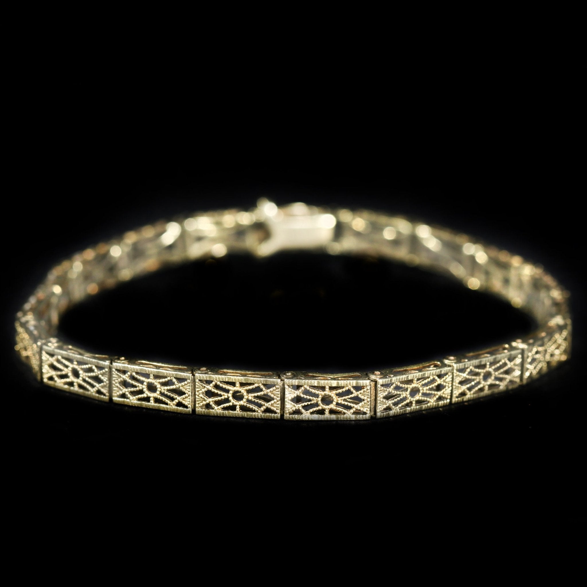 Art Deco 14k Yellow Gold Filigree Bracelet, 7.25" - Walton's Jewelry