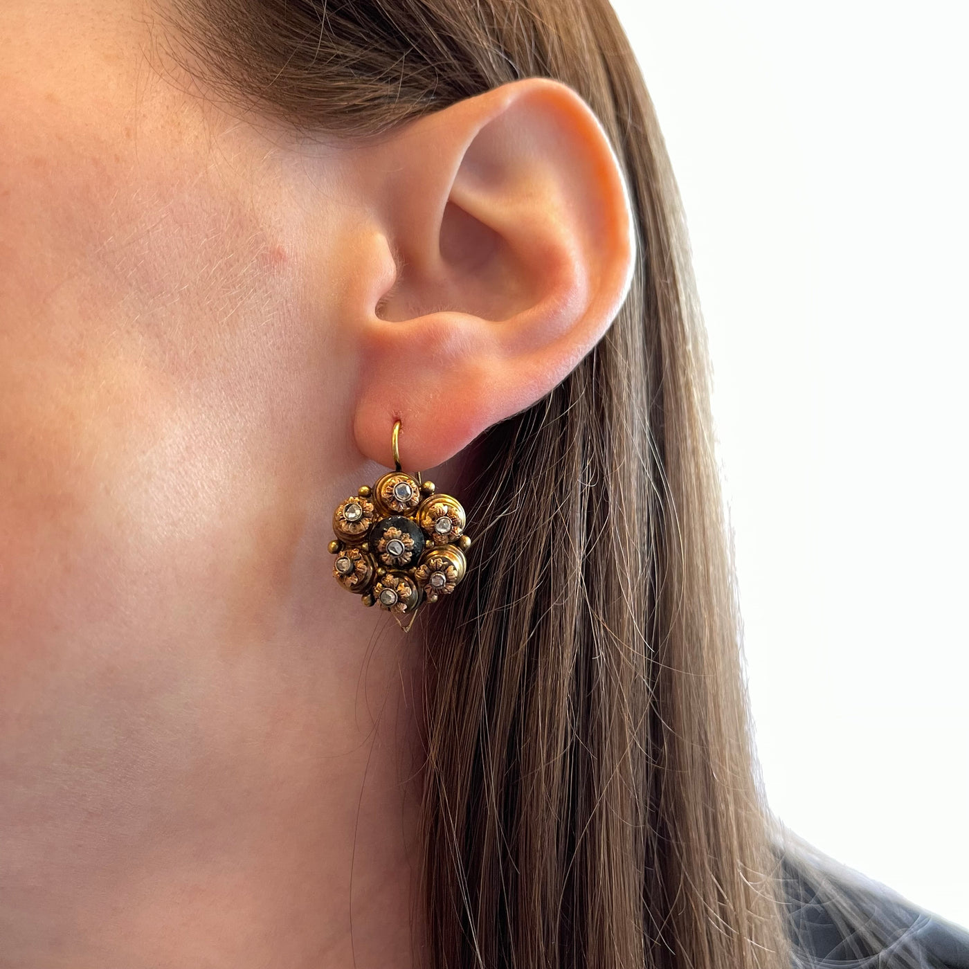 Victorian 14k Yellow Gold Onyx and Diamond Dangle Earrings