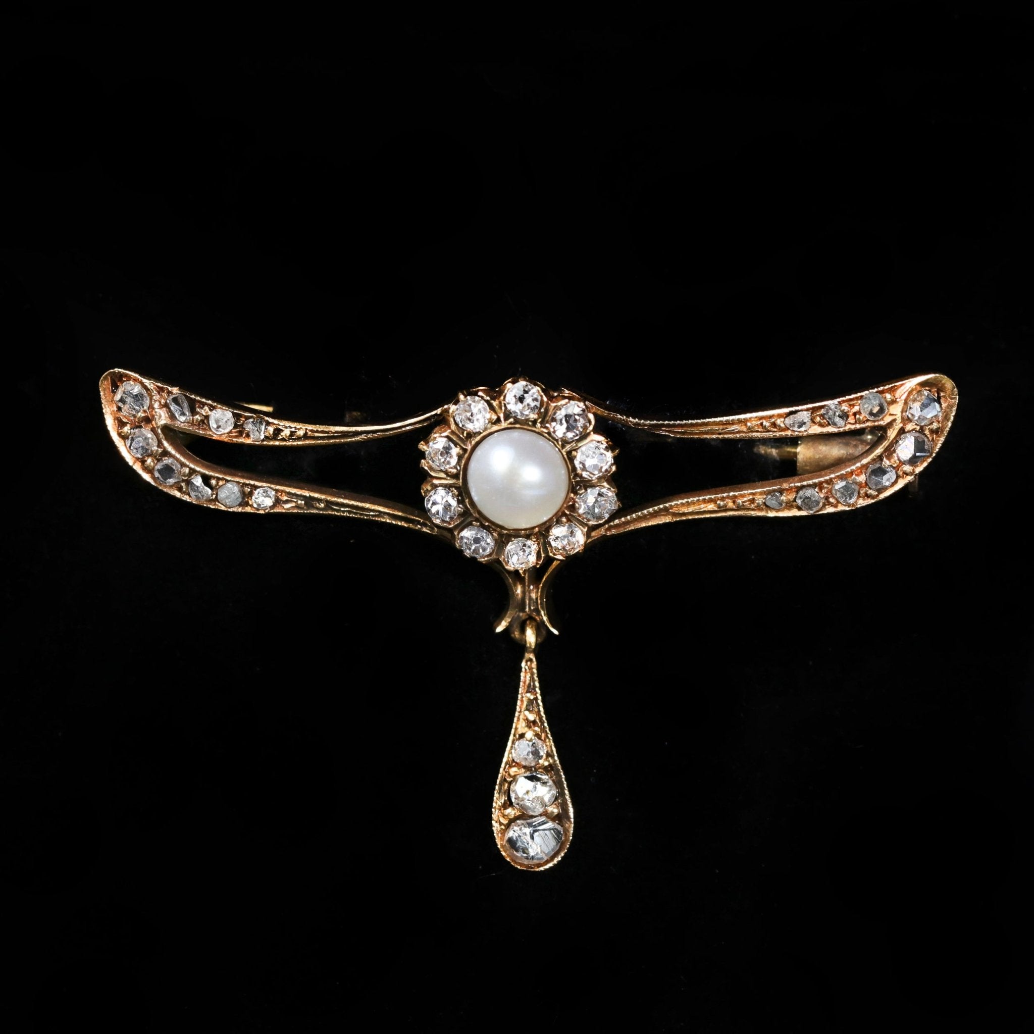 Victorian 14K Yellow Gold Pearl and Diamond Brooch - Walton's Jewelry