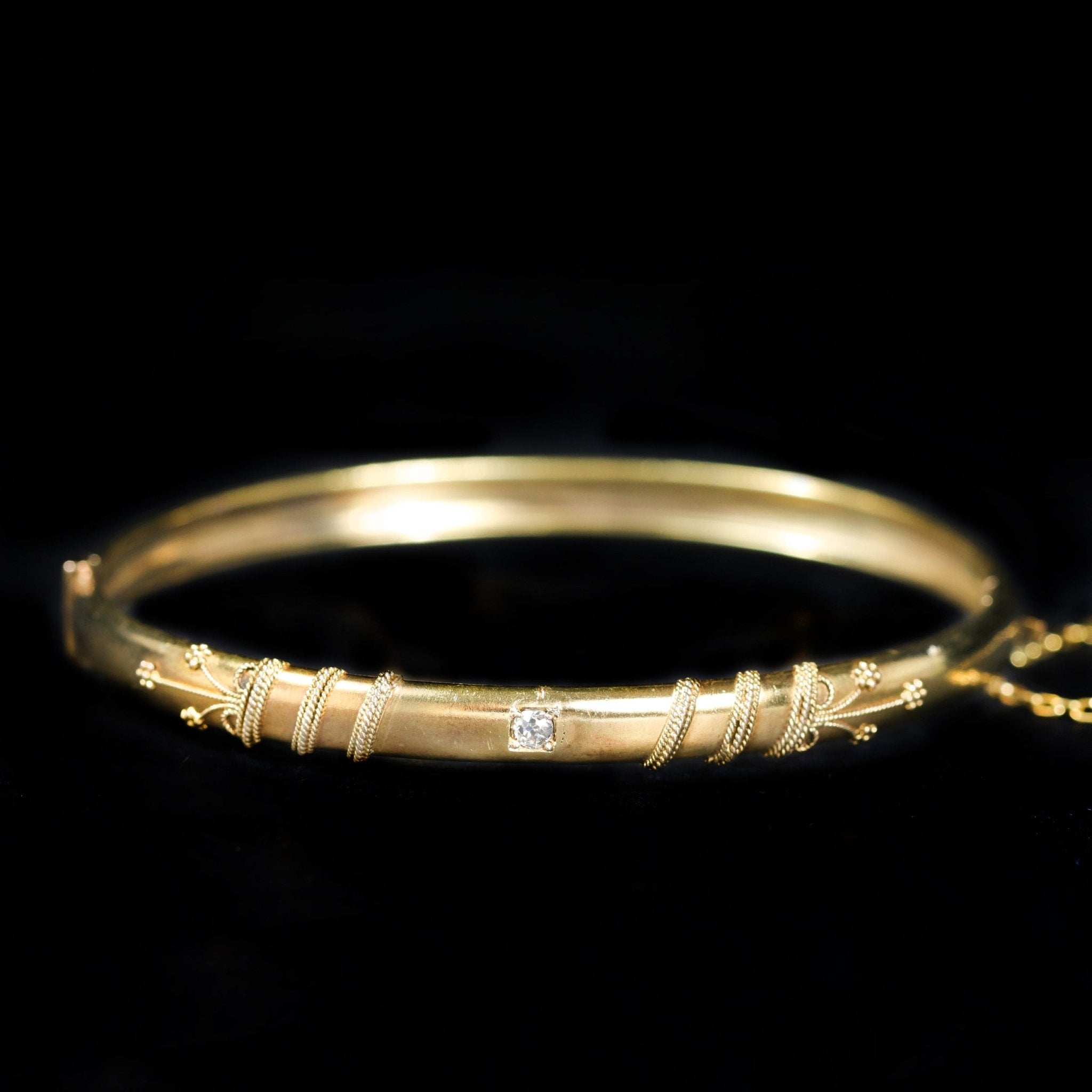 Victorian 18K Yellow Gold Etruscan Revival Diamond Bangle Bracelet - Walton's Jewelry