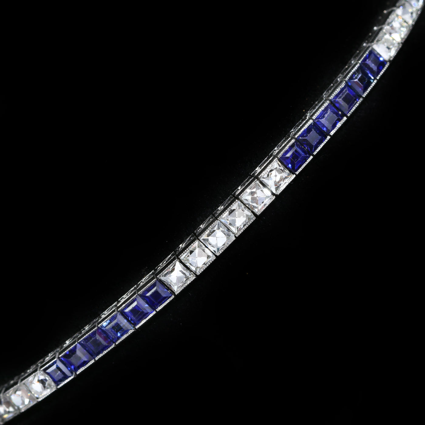 Art Deco Peruzzi Cut Diamond and No Heat Sapphire Line Bracelet