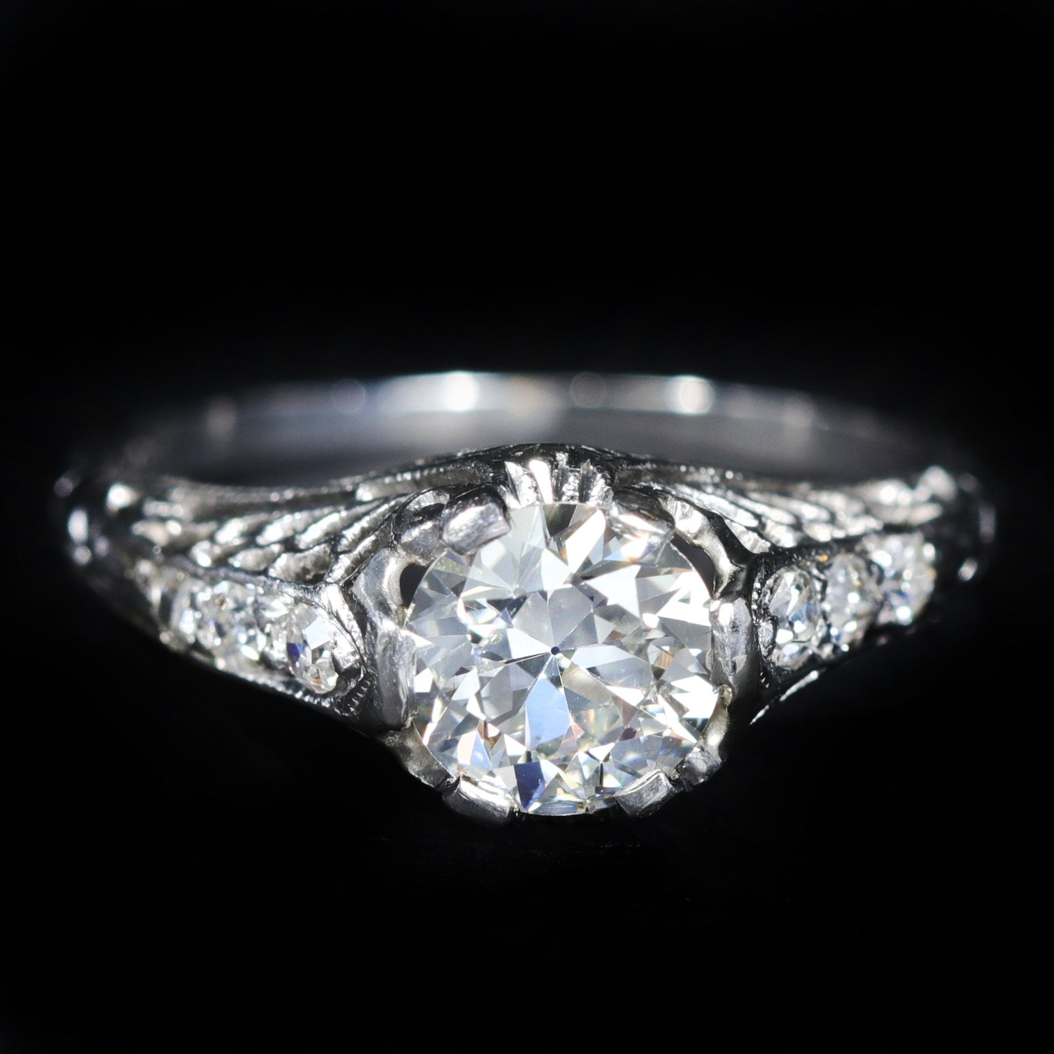 Art Deco Platinum 0.90 Carat Old European Cut Diamond Engagement Ring - Walton's Jewelry