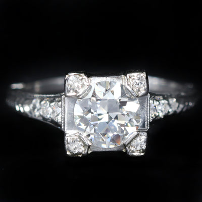 Art Deco Platinum 0.87 Carat Old European Cut Diamond Engagement Ring