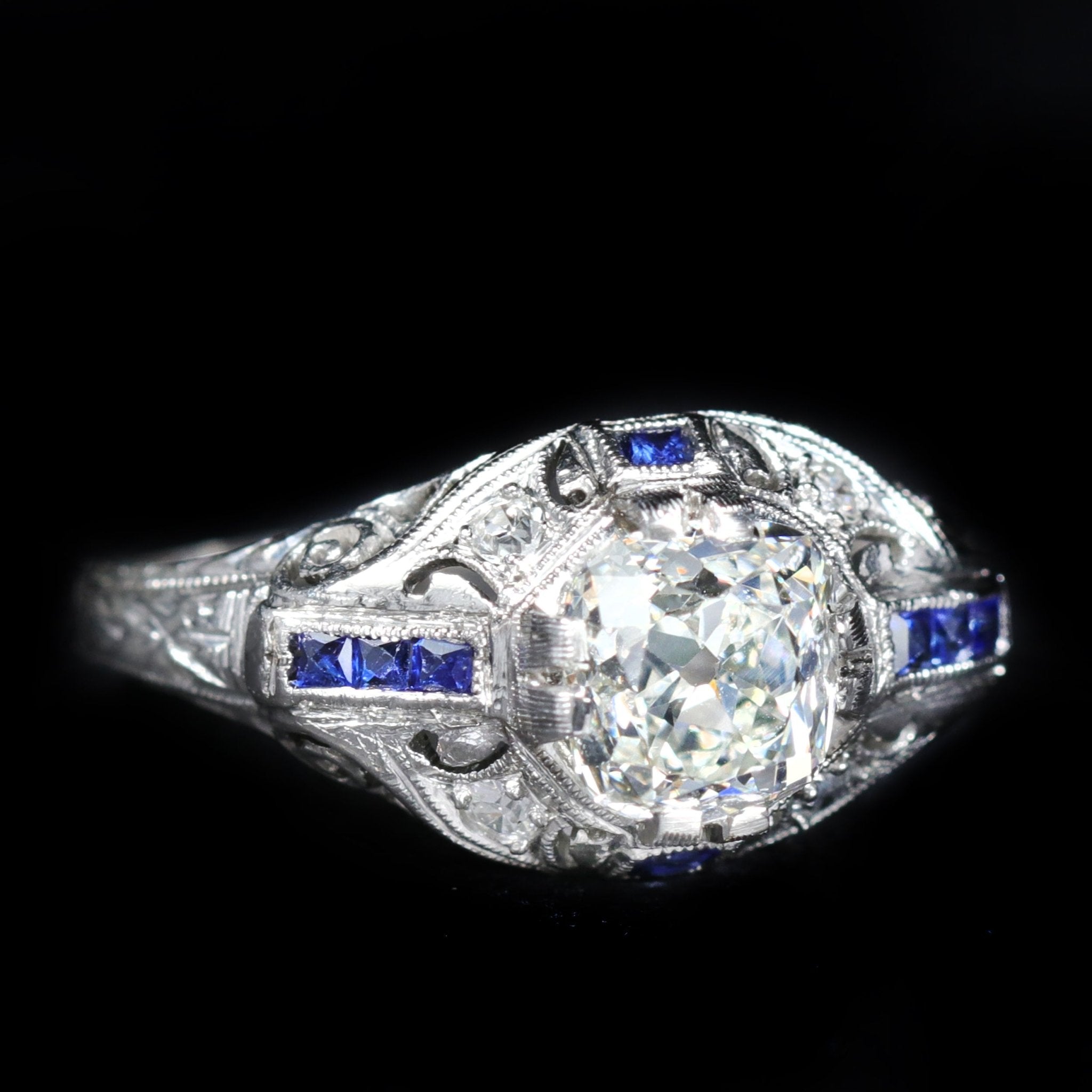 Art Deco 1.14 Carat Old Mine Cut Diamond and Sapphire Engagement Ring - Walton's Jewelry