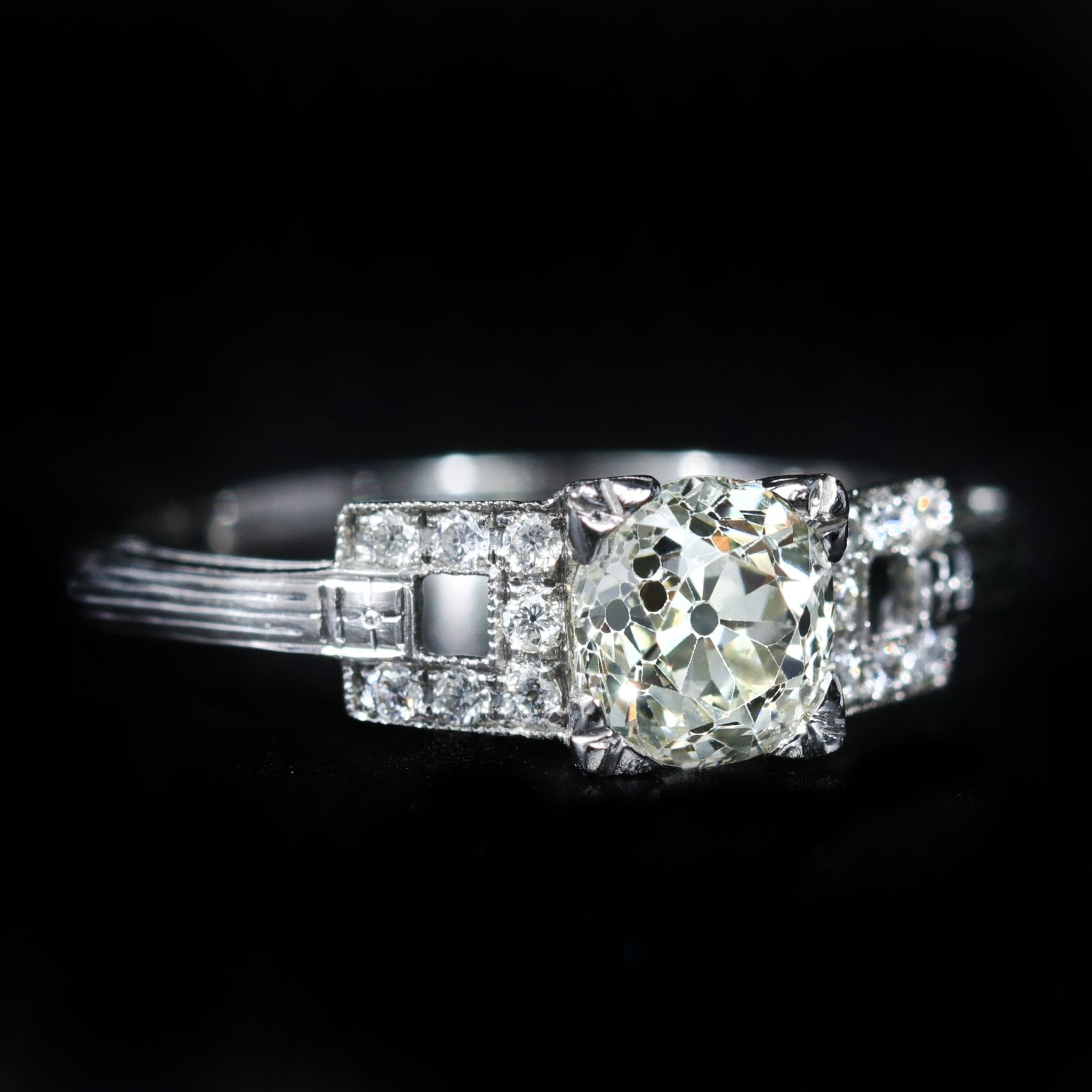 Art Deco Platinum 0.92 Carat Old Mine Cut Diamond Engagement Ring - Walton's Jewelry