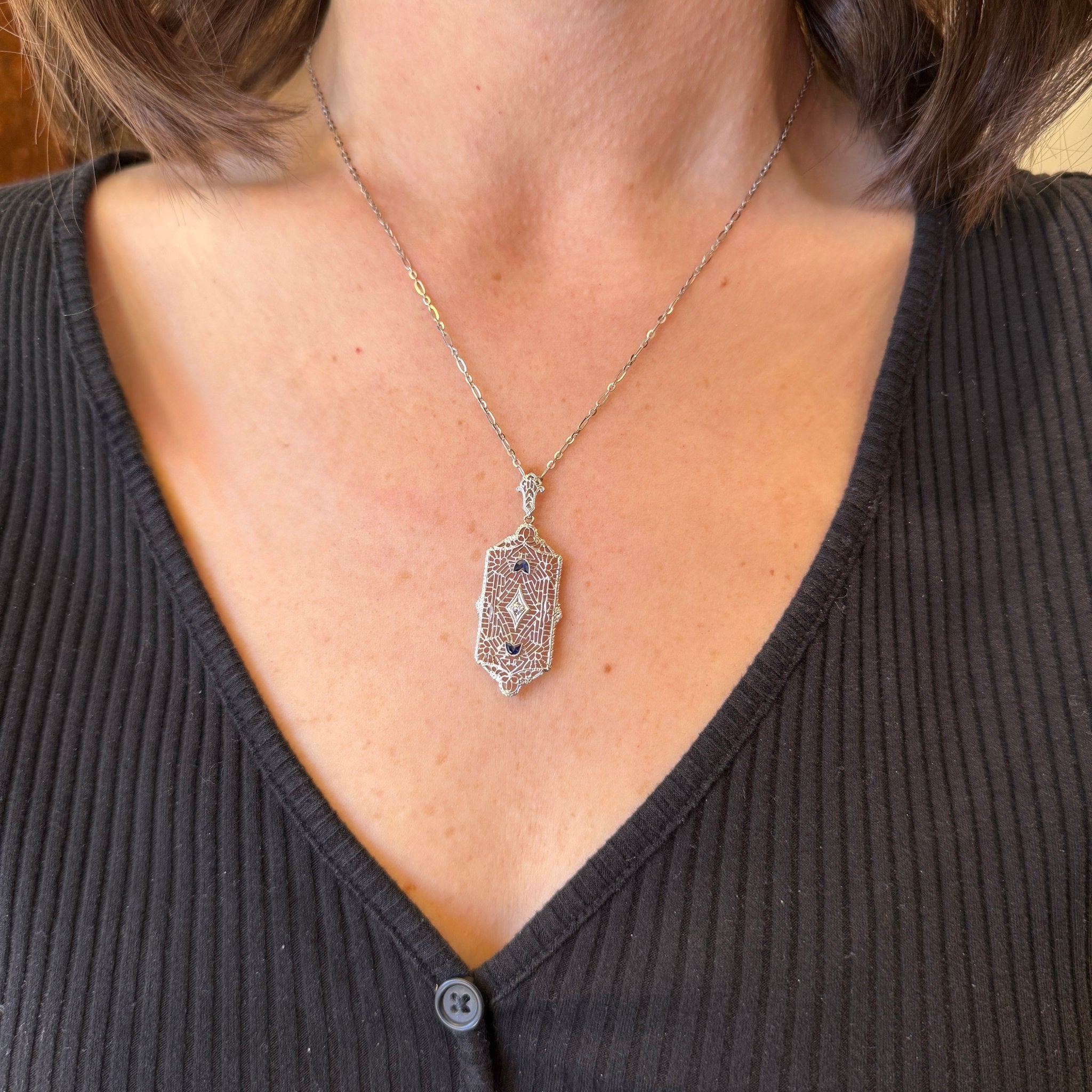 Edwardian 14K White Gold, Diamond, and Synthetic Sapphire Pendant - Walton's Jewelry