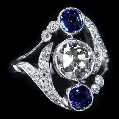Art Deco Platinum 1.50 Carat Old European Cut Diamond and Sapphire Ring