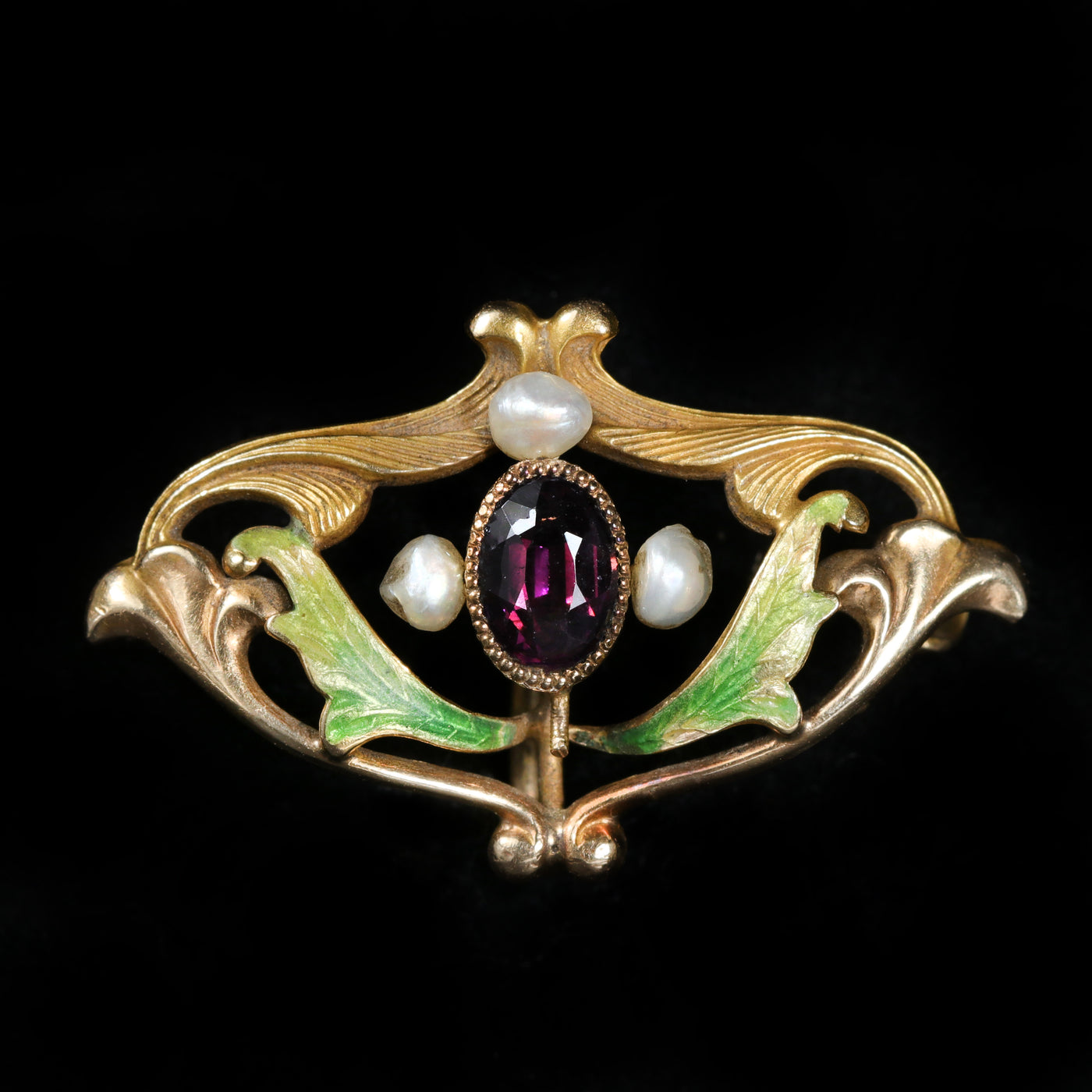 Art Nouveau Amethyst, Pearl, and Enamel Brooch