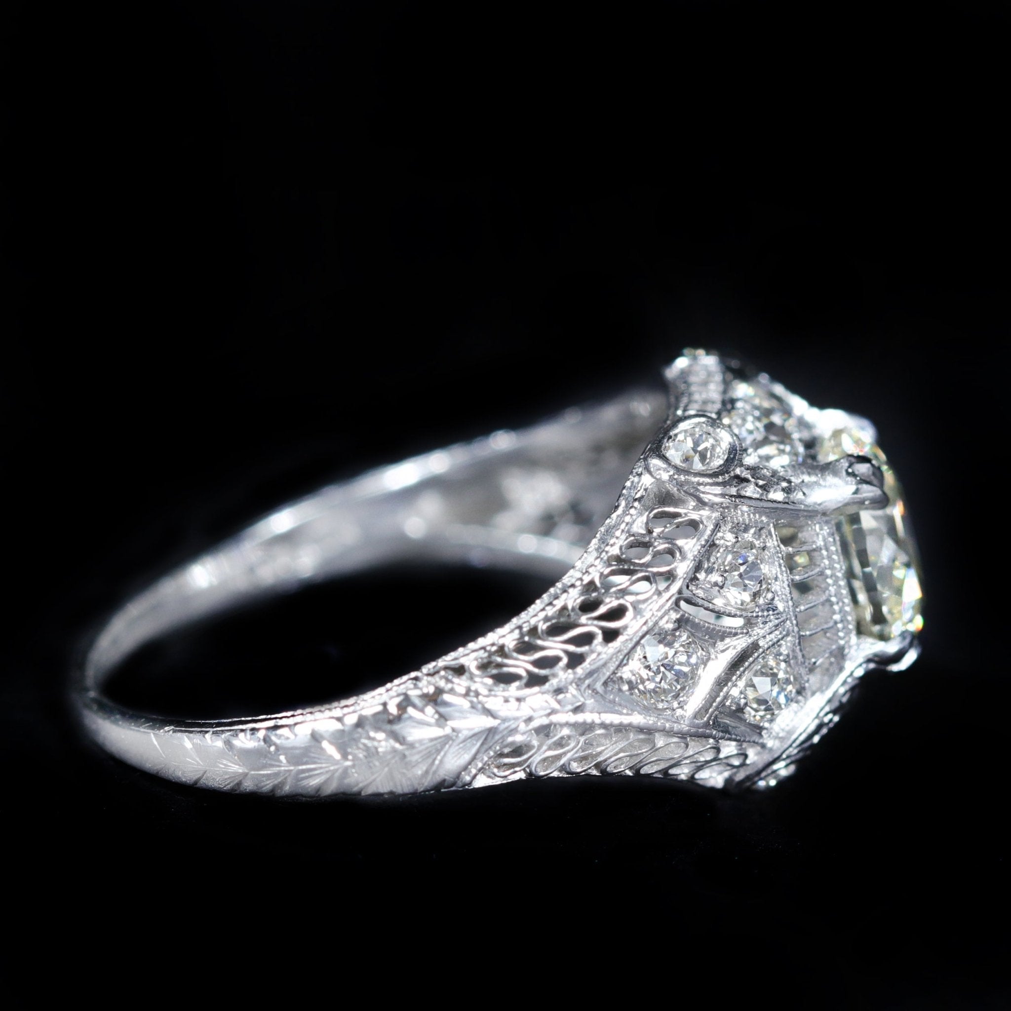 Art Deco Platinum 1.42 Carat Old European Cut Diamond Engagement Ring - Walton's Jewelry
