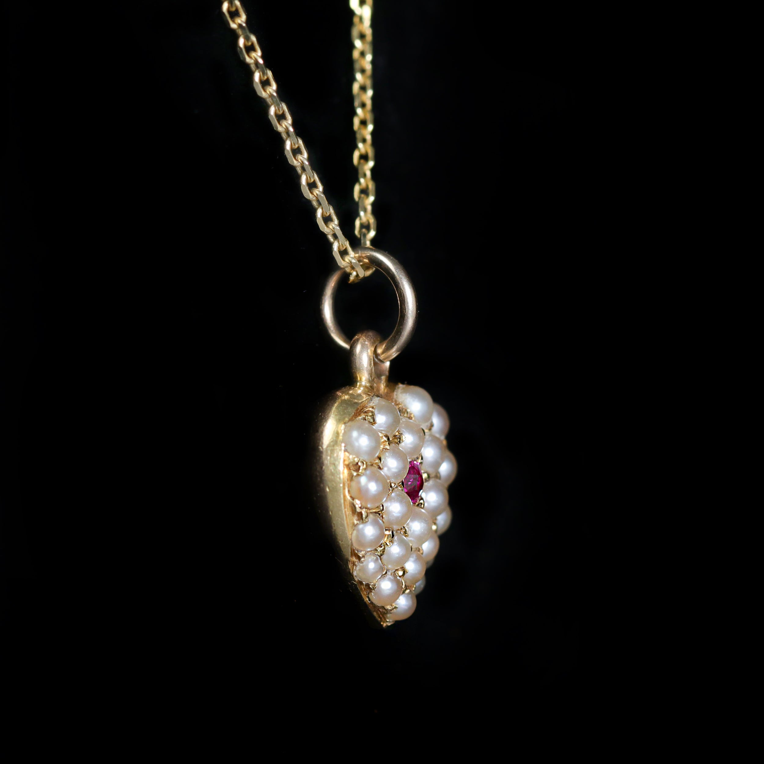 Victorian 14K Yellow Gold Ruby and Seed Pearl Heart Charm