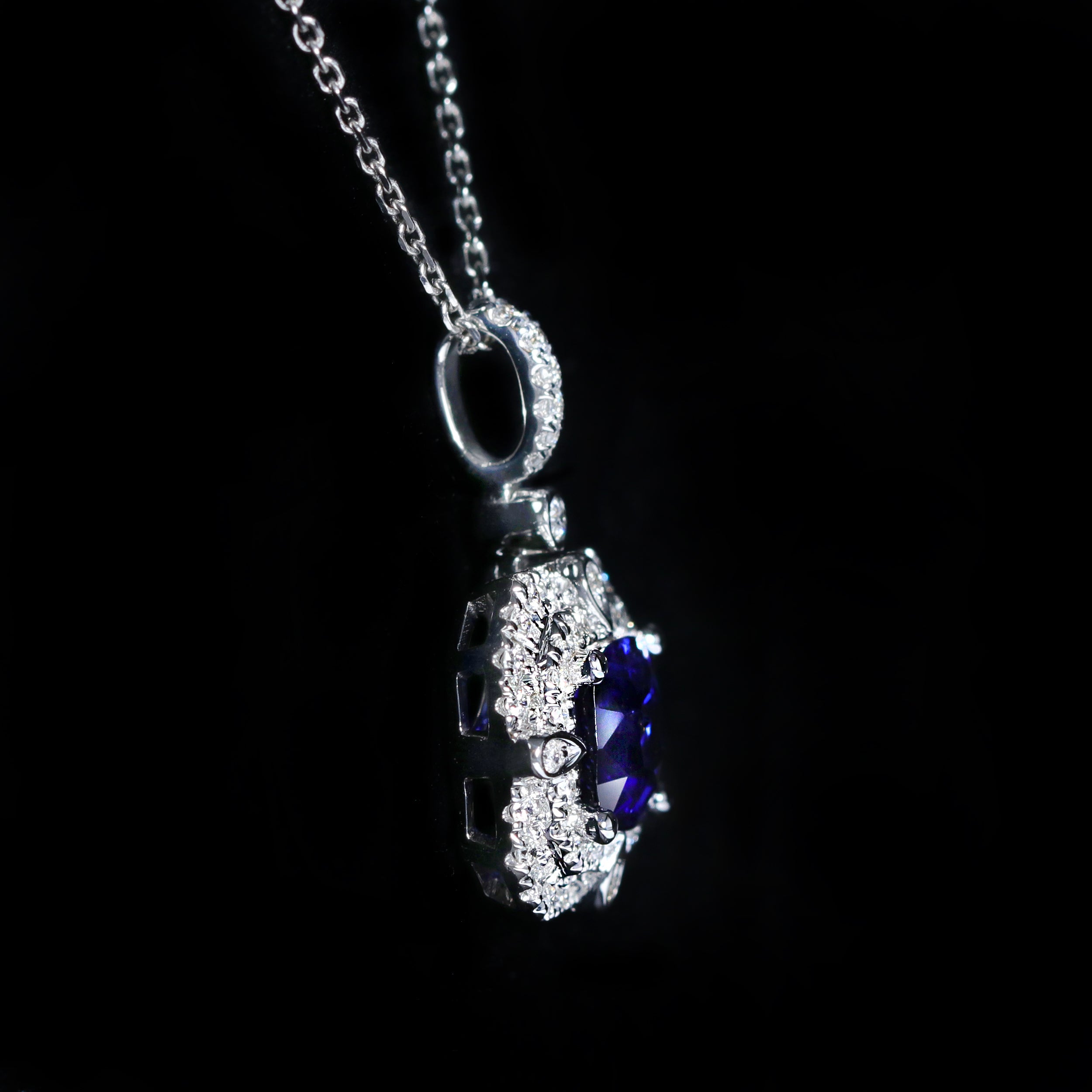 14K White Gold 1.72 Carat Sapphire and Diamond Pendant